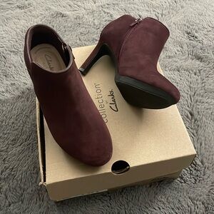 Clarks Ambyr Gem Burgundy Suede Heeled Booties